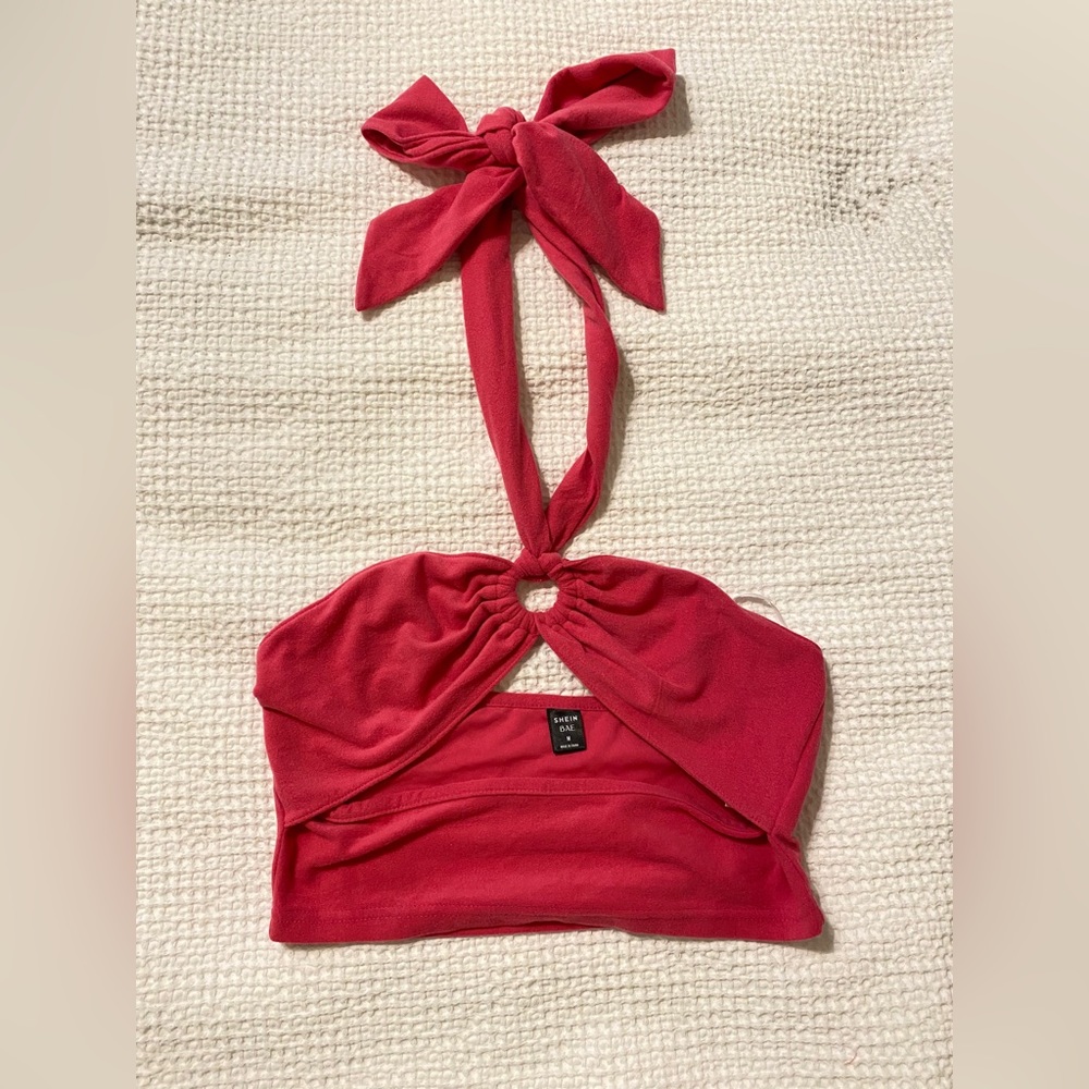 SHEIN BAE Ruched O-Ring Cutout Self-Tie Halter Crop Top
